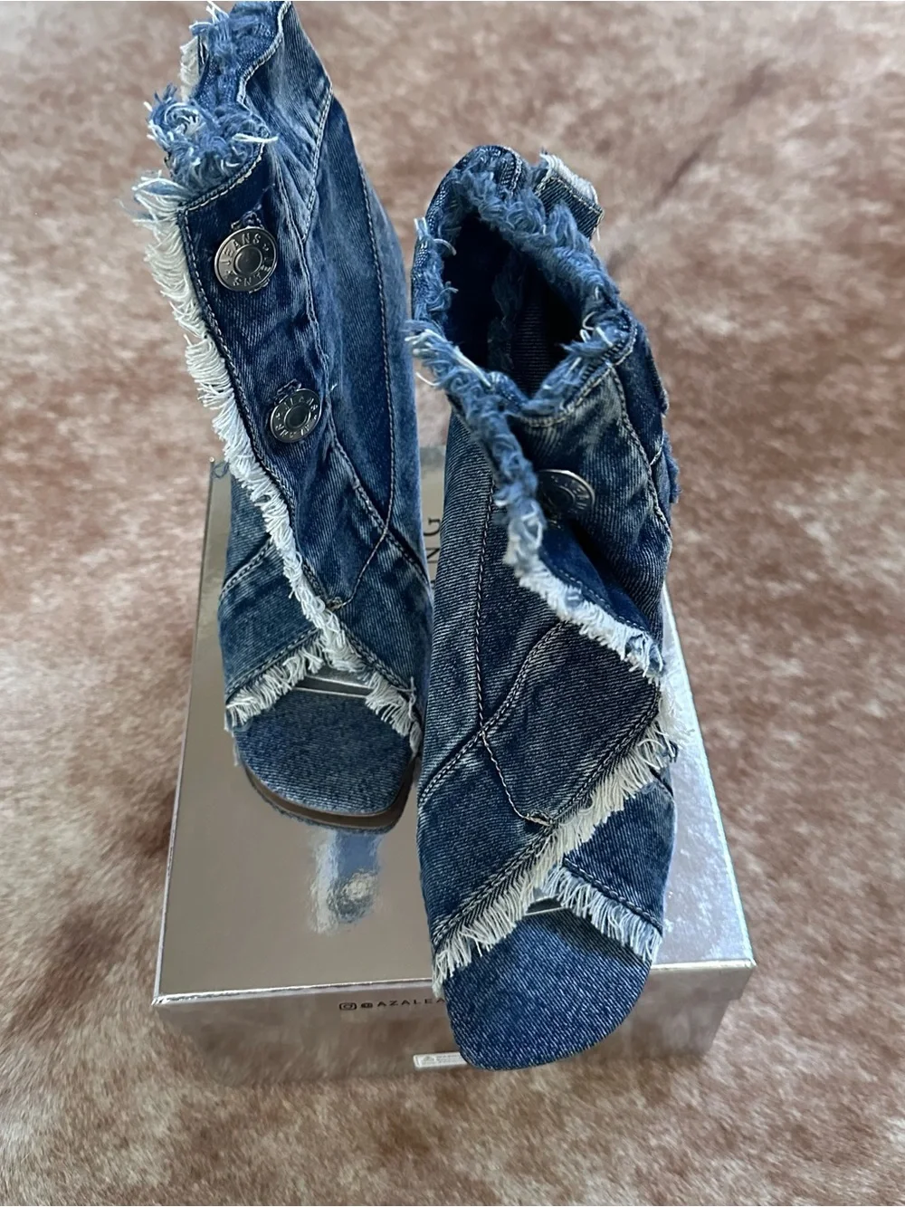 Frayed Denim Peep-Toe Stiletto Ankle Boot - Blue - Picture 5 of 8